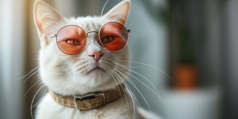 An adorable white kitten sports fashionable sunglasses and a cool collar in its portrait.