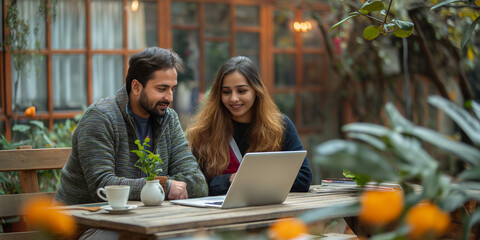 Colleagues on a coffee break at a cafe patio, discussing work over laptops.