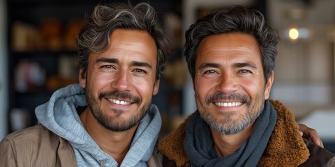 Fototapeta premium An affectionate couple stands outdoors, both smiling with confidence and happiness.