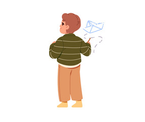 Cute boy stands and drawing on the wall back view. Creative kid painting paper boat with chalk. Happy child creates doodle art with crayons. Flat isolated vector illustration on white background