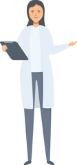 Friendly female doctor is holding a clipboard and gesturing with her hand as if she is giving medical advice