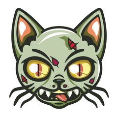 Zombie cat cartoon character green fur big yellow eyes fangs looking scary Halloween theme creepy animal drawing isolated white background. Spooky feline undead pet colorful vector illustration