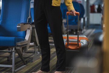 Obraz premium Airplane, travel and portrait of woman with journey and backpack.