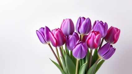 Obraz premium Purple pink tulip bouquet on white background. greeting card. Woman day concept. Copyspace for text.