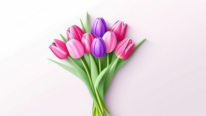 Fototapeta premium Purple pink tulip bouquet on white background. greeting card. Woman day concept. Copyspace for text.