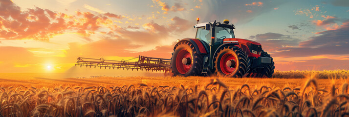 tractor driving spraying or harvesting an agricultural crop at sunset, as banner design for agriculture industry 