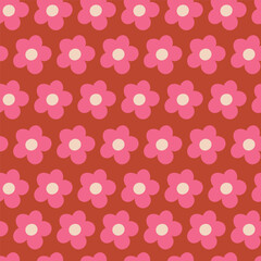 Nostalgic 60s and 70s retro background. Groovy flower power seamless pattern. Vintage hippie vector floral all over surface print. Ditsy grid wallpaper
