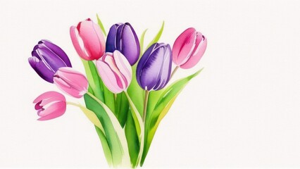 Naklejka premium Purple pink tulip bouquet on white background. greeting card. Woman day concept. Copyspace for text.