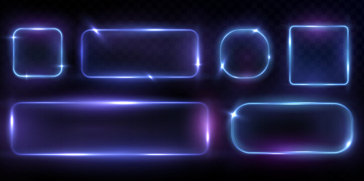 Collection of neon frames with dark background and glowing techno background. 
Set of neon frame isolated background. Frame for border speech. Vector illustration.