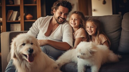 A family with dogs having fun together in living room.