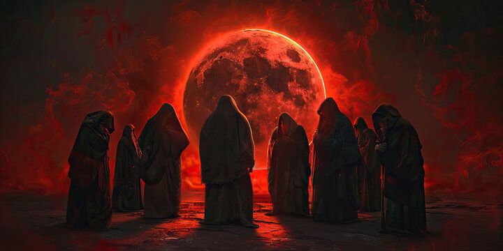 Blood moon ceremony demonic cultists performing sinful sacrifice 