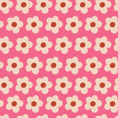 Nostalgic 60s and 70s retro background. Groovy flower power seamless pattern. Vintage hippie vector floral all over surface print. Ditsy grid wallpaper