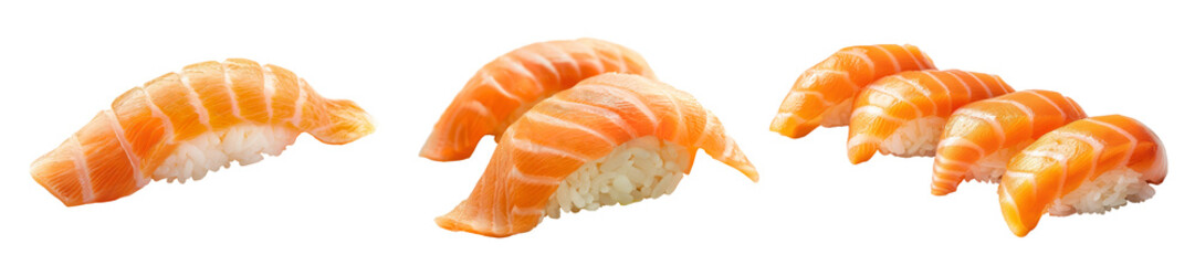 Nigiri sushi with salmon, set, transparent or isolated on white