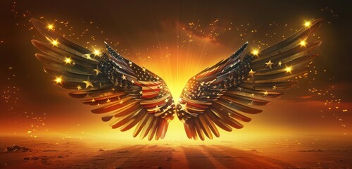 Modern wings adorned with stars and stripes, capturing the essence of liberty and independence, set against a luminous, golden sunset.