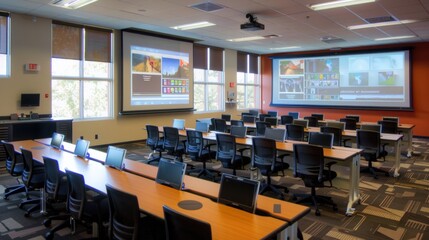 A classroom equipped with technology such as electronic whiteboards or interactive devices that enhance the teaching and learning experience.