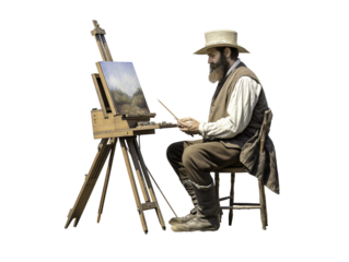 a man painting a picture on a easel