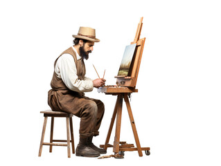a man painting a picture on a easel