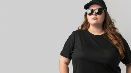 A woman wearing a black t-shirt, sunglasses, and a baseball cap poses against a neutral backdrop - Powered by Adobe