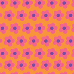 Nostalgic 60s and 70s retro background. Groovy flower power seamless pattern. Vintage hippie vector floral all over surface print. Ditsy grid wallpaper