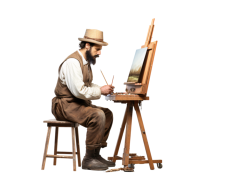 a man painting a picture on a easel
