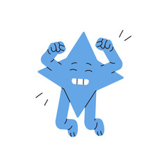 Cute geometric figure jump for joy with hands up. Character with star shape rejoices for success, win. Happy emotions, funny facial expression. Flat isolated vector illustration on white background