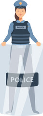 Policewoman holding transparent riot shield, protecting from attack during protest