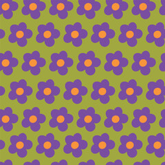 Nostalgic 60s and 70s retro background. Groovy flower power seamless pattern. Vintage hippie vector floral all over surface print. Ditsy grid wallpaper