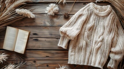Obraz premium Boho workspace flat lay with cozy sweater, pampas grass, bohemian wooden background with space for text or design 