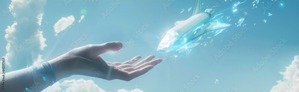 Poster a hand reaches towards a small spaceship floating in the sky with clouds in the background