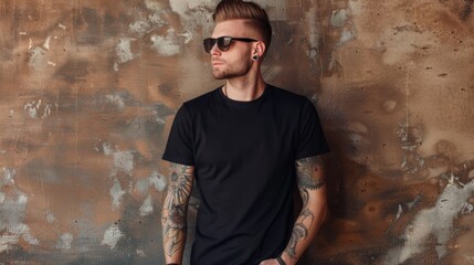 A man wearing a plain black shirt stands against a worn wall