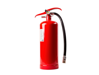 a red fire extinguisher with a hose