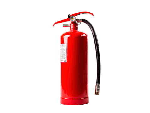 a red fire extinguisher with a hose
