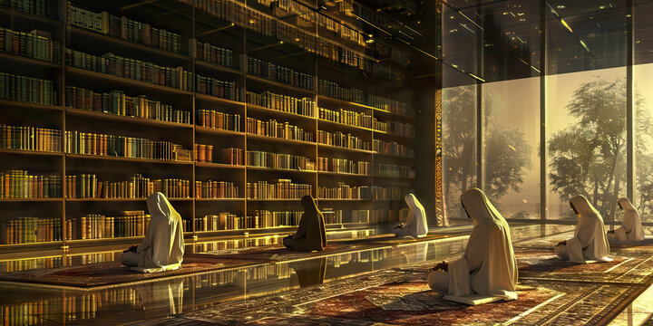 Library Reflection: Muslims Praying in a Library - Muslims praying in a quiet corner of a library, surrounded by books and knowledge, finding inspiration in the pursuit of learning and wisdom