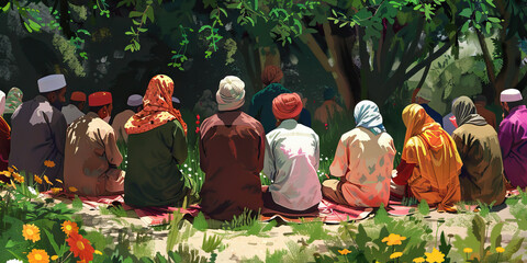 Garden Gathering: Muslims Praying in a Community Garden - A group of Muslims praying together in a community garden, cultivating a sense of community and spirituality through shared worship