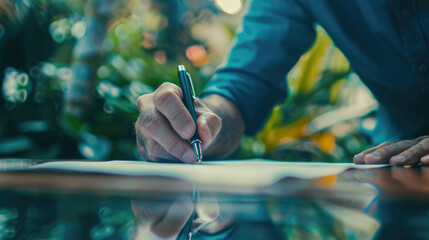 Obraz premium A close-up photo of a persons hand signing a document with a pen. The hand is resting on a table with a blurry background of green foliage