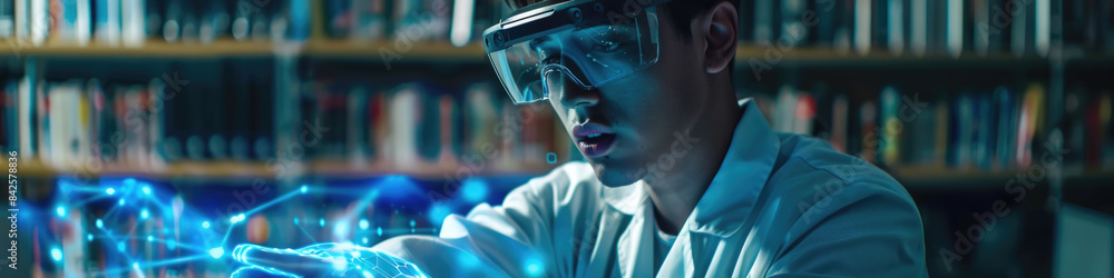 Poster a scientist wearing protective glasses interacts with a holographic interface in a laboratory settin