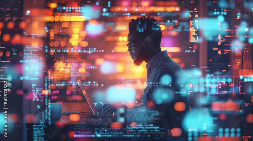 Poster A programmer at a standing desk, surrounded by tech gadgets and colorful lines of code, with keywords: productivity, innovation, standing desk, technology, minimalism. High key. Generative AI.