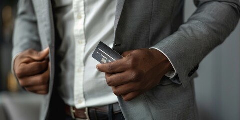 Obraz premium A man puts his platinum credit card into his pocket in a studio.
