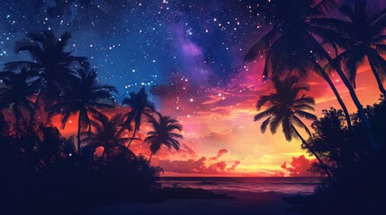 A dynamic watercolor painting of a vibrant tropical sunset, transitioning seamlessly into a starry night sky.