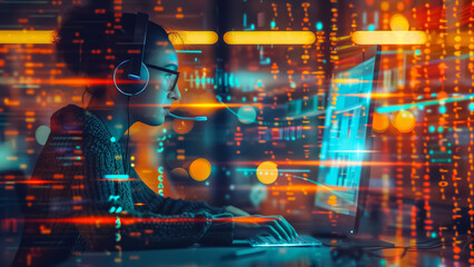 In a futuristic setting, a tech professional deeply focuses on work with a computer, surrounded by vibrant data overlays, wearing headphones for intense concentration