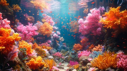 Naklejka premium Vibrant Coral Reef: An underwater landscape of a colorful coral reef, teeming with diverse marine life. 