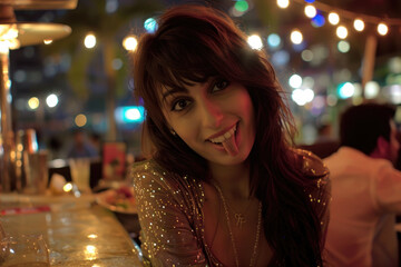 A woman with long dark hair is sticking her tongue out at the camera while sitting at a bar. The background is blurry with lights and a man out of focus