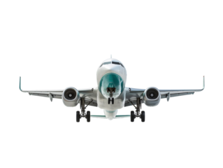 a white and green airplane with wheels down