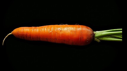 A fresh raw carrot, its vibrant orange color contrasting against a deep, rich black background, creating a dramatic and eye-catching image.