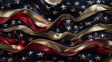 Stars and stripes interwoven in a harmonious, flowing pattern, with a touch of metallic sheen and deep, rich colors for a modern and artistic representation.