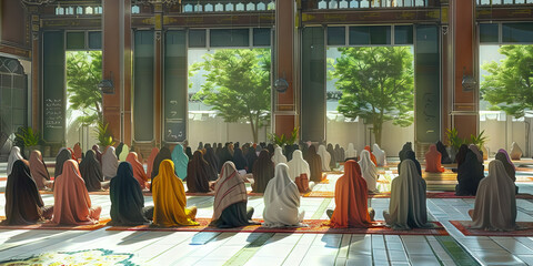 School Sanctuary: Muslims Praying in a School Courtyard - Students gathered in a school courtyard, praying together during a break, highlighting the importance of prayer in daily life.