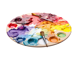 a palette of paint with paint brushes