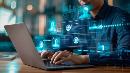 Businessman analyzing digital candidate resume. Modern technology online hiring process