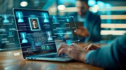 Businessman looking at multiple personal profiles. Modern technology online hiring process