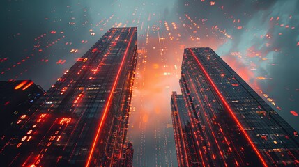 Image of financial data processing over skyscraper
